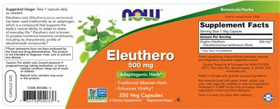 Photo of the NOW Eleuthero 500 mg label