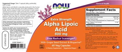 Photo of the NOW Extra Strength Alpha Lipoic Acid 600 mg label