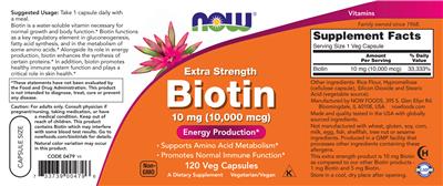 Photo of the NOW Extra Strength Biotin 10 mg (10,000 mcg) label