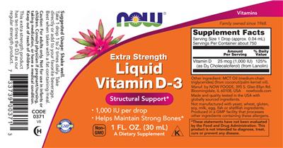 Photo of the NOW Extra Strength Liquid Vitamin D-3 1,000 IU label