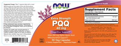 Photo of the NOW Extra Strength PQQ 40 mg label
