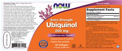 Photo of the NOW Extra Strength Ubiquinol 200 mg label