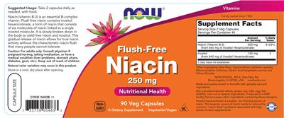 Photo of the NOW Flush-Free Niacin 250 mg label