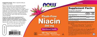 Photo of the NOW Flush-Free Niacin 250 mg label