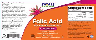 Photo of the NOW Folic Acid 800 mcg label