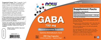 Photo of the NOW GABA 750 mg label