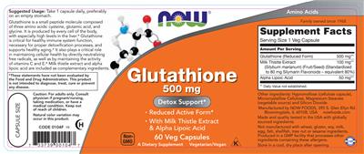 Photo of the NOW Glutathione 500 mg label