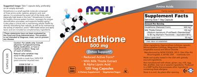 Photo of the NOW Glutathione 500 mg label