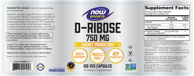 Photo of the NOW Sports D-Ribose 750 mg label