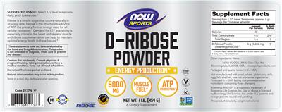 Photo of the NOW Sports D-Ribose Powder 5000 mg label