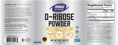 Photo of the NOW Sports D-Ribose Powder 5000 mg label