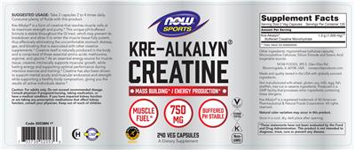 Photo of the NOW Sports Kre-Alkalyn Creatine 750 mg label