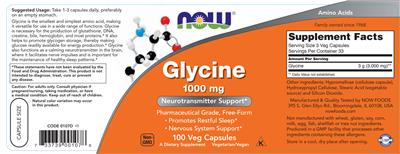 Photo of the NOW Glycine 1000 mg label