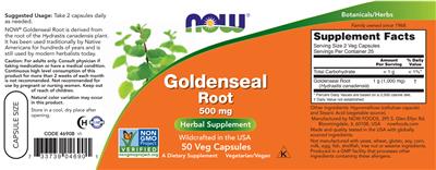 Photo of the NOW Goldenseal Root 500 mg label