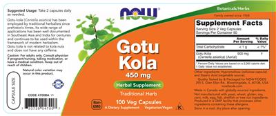 Photo of the NOW Gotu Kola 450 mg label