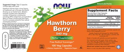 Photo of the NOW Hawthorn Berry 540 mg label