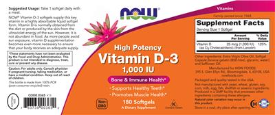 Photo of the NOW High Potency Vitamin D-3 1,000 IU label