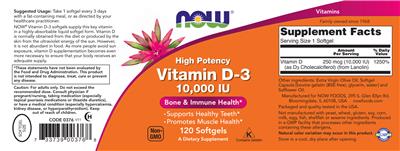 Photo of the NOW High Potency Vitamin D-3 10,000 IU label