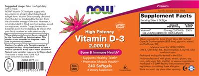 Photo of the NOW High Potency Vitamin D-3 2,000 IU label
