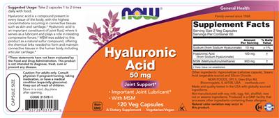 Photo of the NOW Hyaluronic Acid 50 mg label