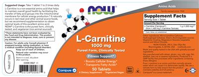 Photo of the NOW L-Carnitine 1000 mg label