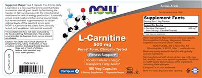 Photo of the NOW L-Carnitine 500 mg label
