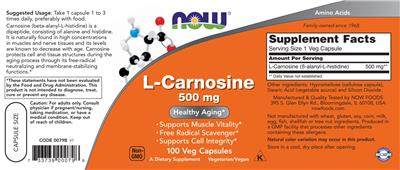 Photo of the NOW L-Carnosine 500 mg label