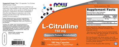 Photo of the NOW L-Citrulline 750 mg label