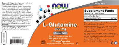 Photo of the NOW L-Glutamine 500 mg label