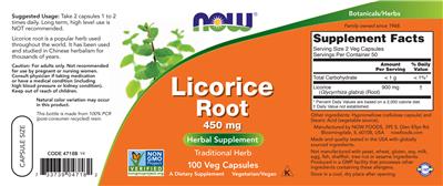 Photo of the NOW Licorice Root 450 mg label