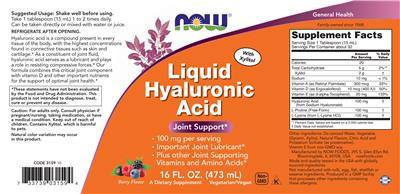 Photo of the NOW Liquid Hyaluronic Acid 100 mg Berry Flavor label