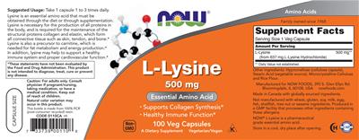 Photo of the NOW L-Lysine 500 mg label