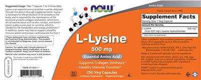 Photo of the NOW L-Lysine 500 mg label
