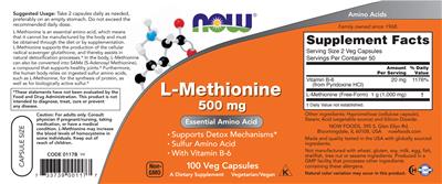 Photo of the NOW L-Methionine 500 mg label