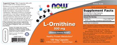 Photo of the NOW L-Ornithine 500 mg label