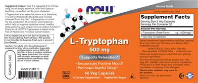 Photo of the NOW L-Tryptophan 500 mg label