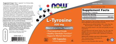Photo of the NOW L-Tyrosine 500 mg label