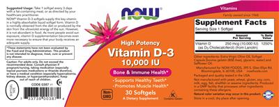 Photo of the NOW High Potency Vitamin D-3 10,000 IU label