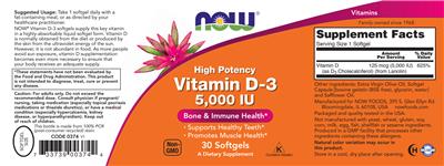 Photo of the NOW High Potency Vitamin D-3 5,000 IU label