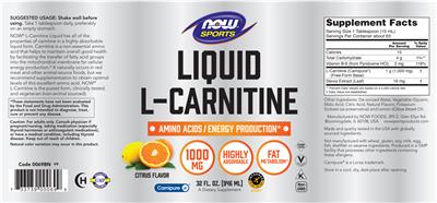 Photo of the NOW Sports Liquid L-Carnitine 1000 mg Citrus Flavor label
