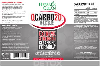 Product label for QCarbo20 Clear Strawbeery-Mango Flavor