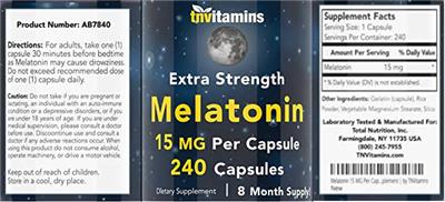 Photo of the tnvitamins Melatonin 15 mg label