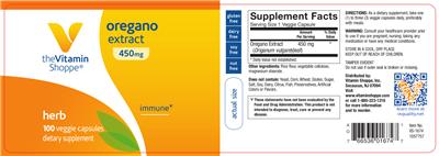 Photo of the The Vitamin Shoppe Oregano Extract 450 mg label