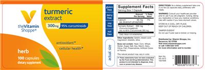 Photo of the The Vitamin Shoppe Turmeric Extract 300 mg label
