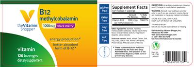 Photo of the The Vitamin Shoppe Vitamin B12 1000 mcg Black Cherry label
