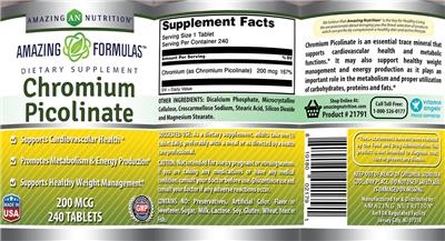 Photo of the AN Amazing Nutrition Amazing Formulas Chromium Picolinate 200 mcg label