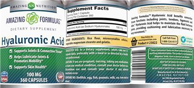 Photo of the AN Amazing Nutrition Amazing Formulas Hyaluronic Acid 100 mg label