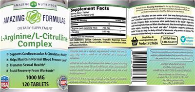 Photo of the AN Amazing Nutrition Amazing Formulas L-Arginine/L-Citrulline Complex 1000 mg label