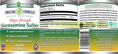 Photo of the AN Amazing Nutrition Amazing Formulas Mega Strength Glucosamine Sulfate 1,000 mg label