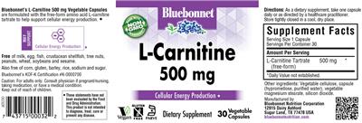 Photo of the Bluebonnet L-Carnitine 500 mg label